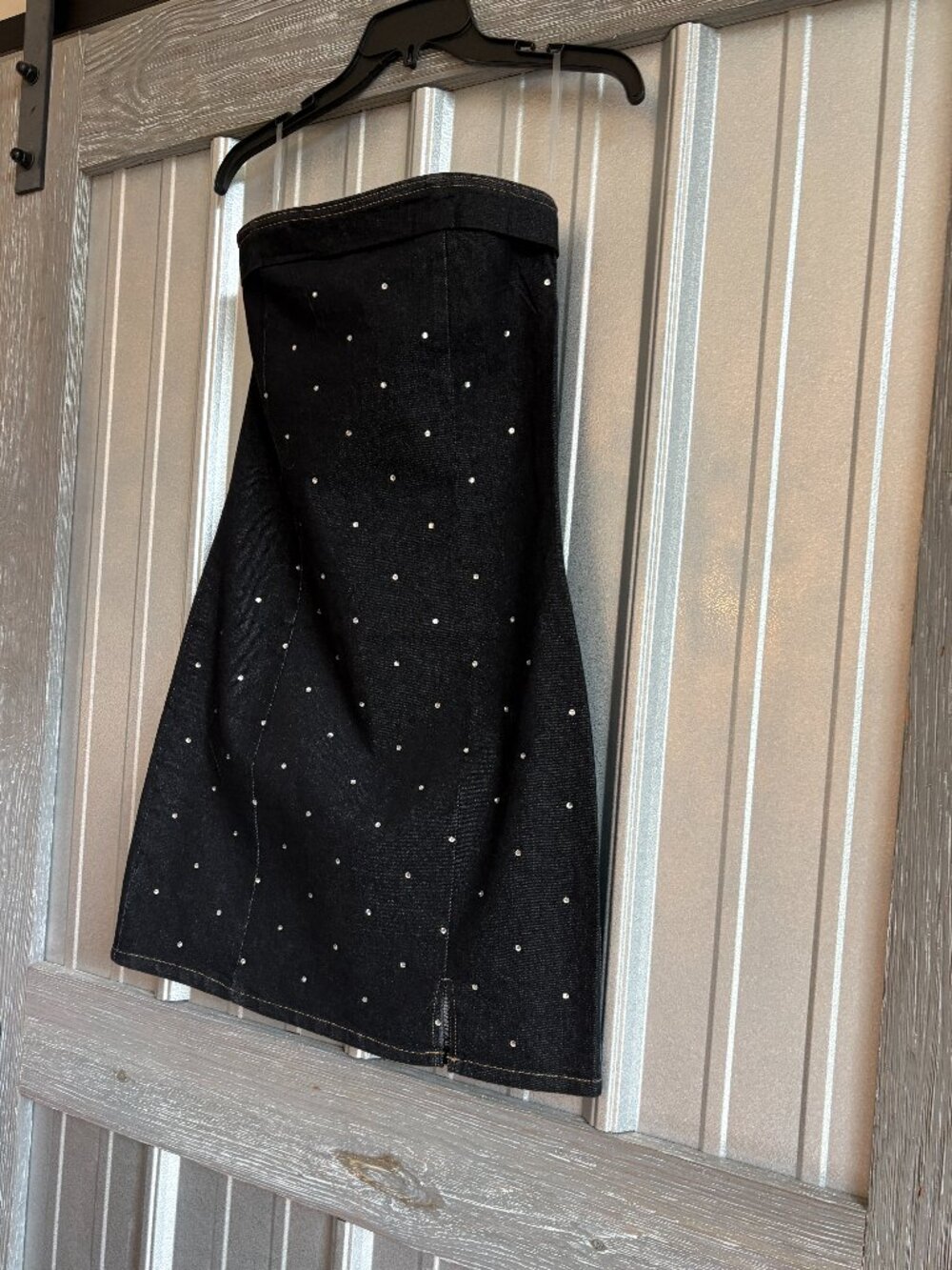 Stiletto’s Black Rhinestone Strapless Denim Mini Dress Size L NWT